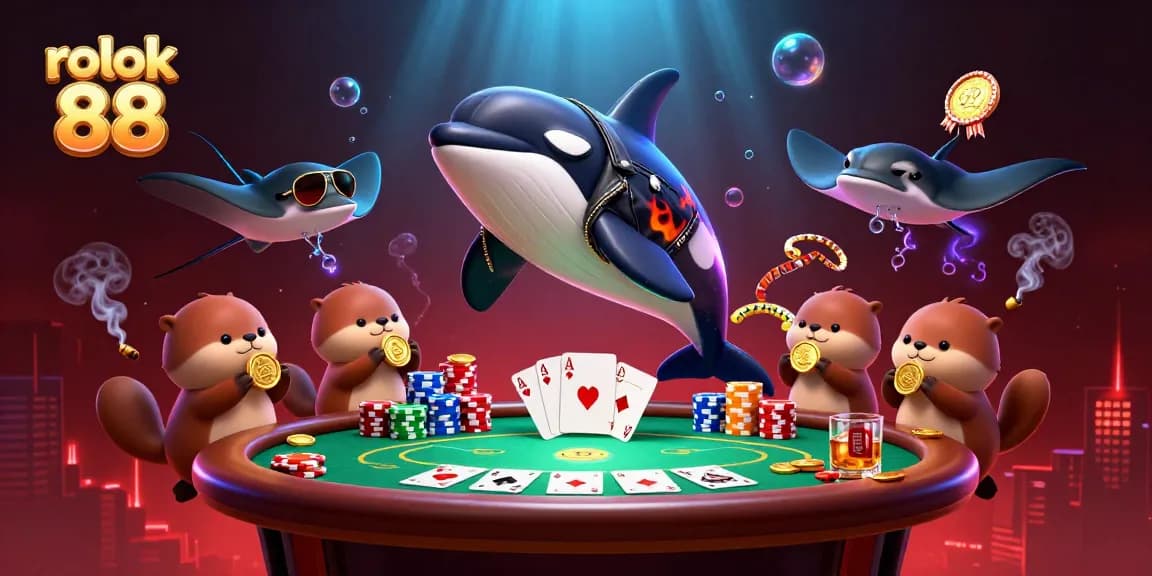 Experience the vibrant world of rokok 88 with a lively poker scene featuring an orca whale, stingray, and sea otters.