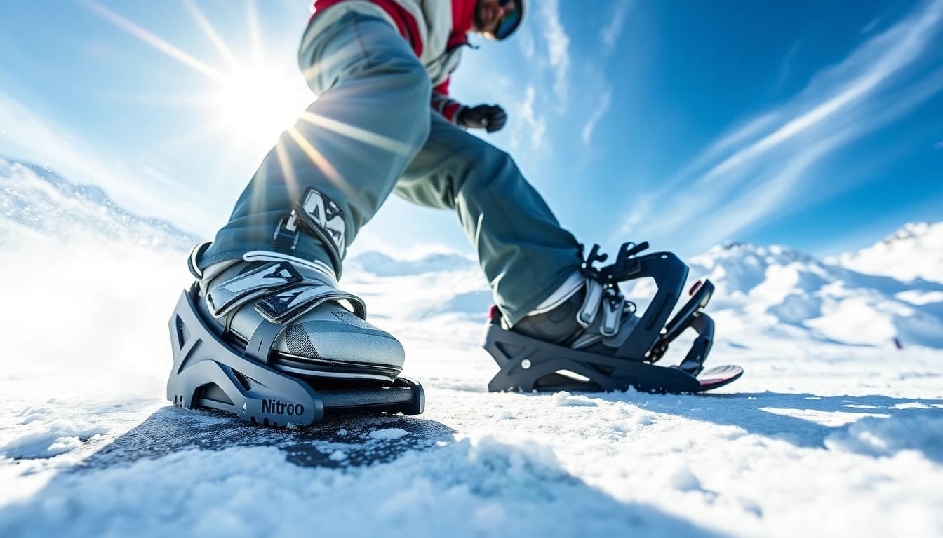 Showcase of Nitro bindings on a snowboard against a bright snowy backdrop.
