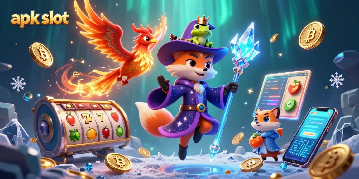 Permainan apk slot menampilkan wizard 3D dan phoenix, dikelilingi simbol jackpot yang menggembirakan.