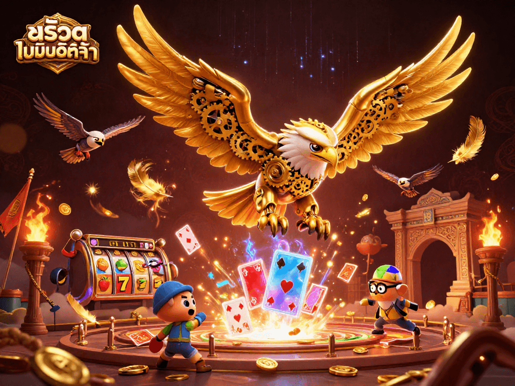 Experience thrilling สล็อตไม่มีขั้นต่ำ action with a cybernetic eagle soaring through holographic cards and slot symbols.