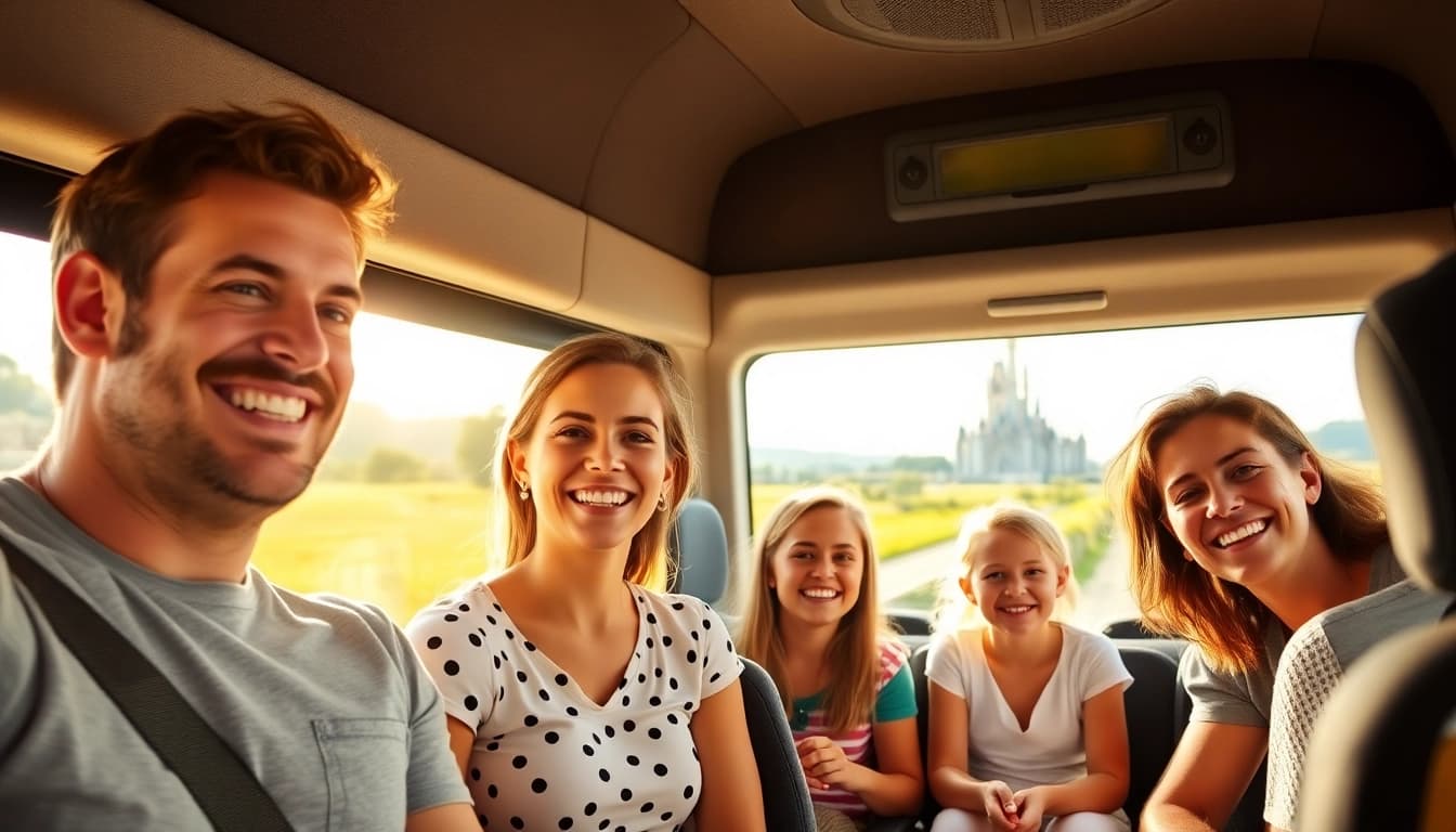 Family enjoying a Beauvais Airport to Disney Transfer with scenic views.