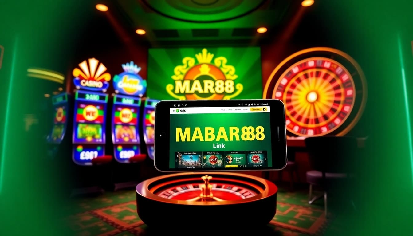 MABAR88 Link menampilkan antarmuka judi online dengan mesin slot yang berwarna-warni dan roda roulette.
