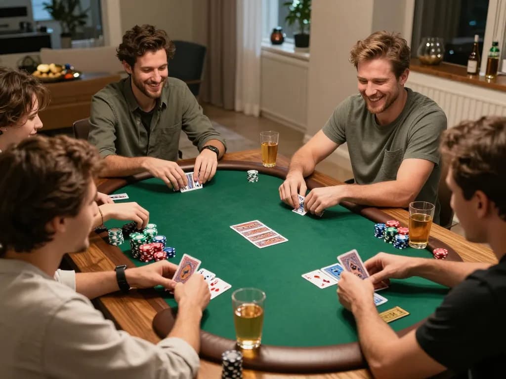 Friends enjoying a lively poker game at home, embodying the essence of soi keo nha cai social gameplay.