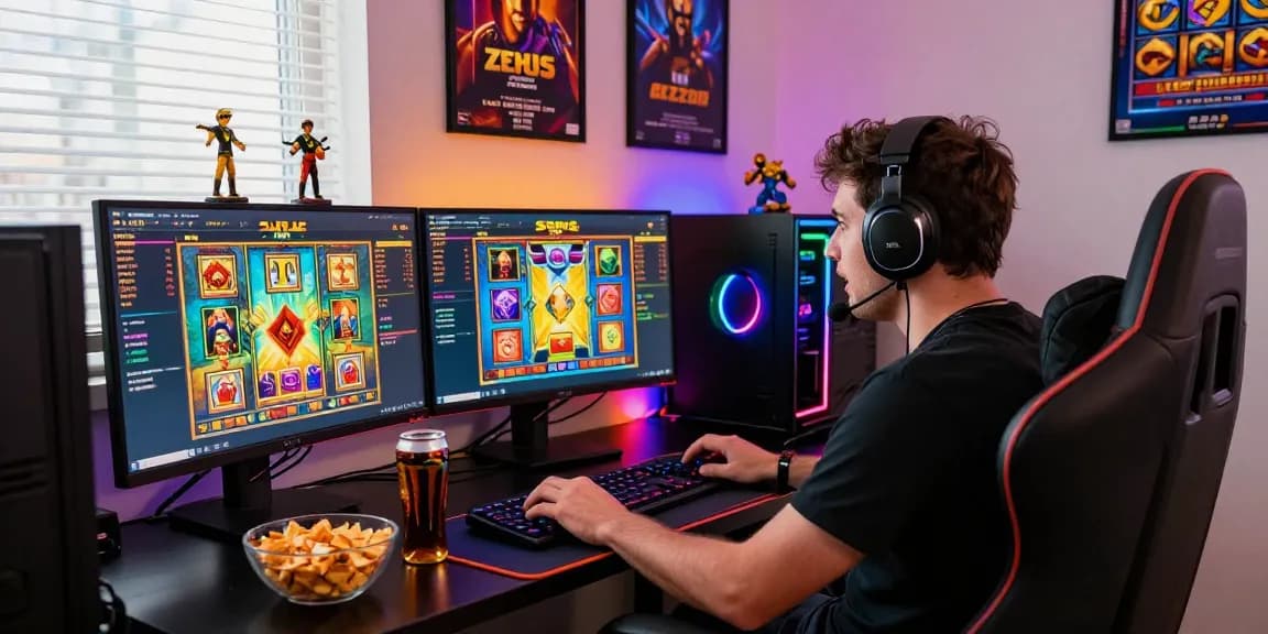 Exciting Zeus Slot gaming scene with player engaged at desktop, showcasing dynamic visuals and immersive atmosphere.