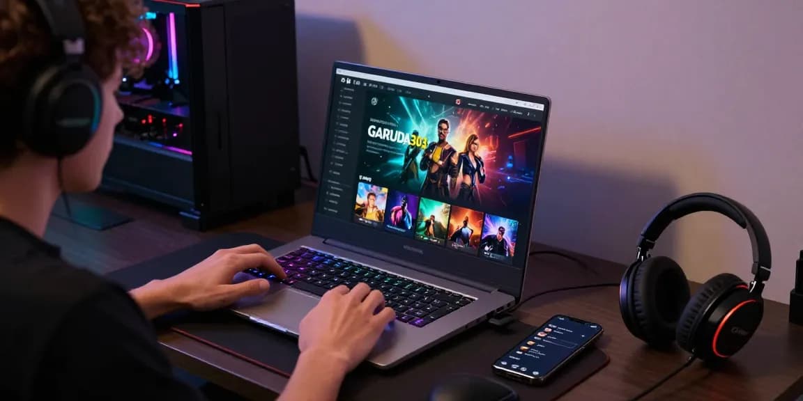garuda303 login scene featuring a user exploring online games in a cozy workspace, showcasing gaming peripherals and ambient lighting.