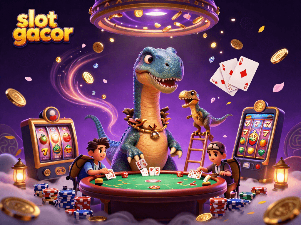 Experience slot gacor excitement with a brontosaurus and clever raptor in a vibrant casino.