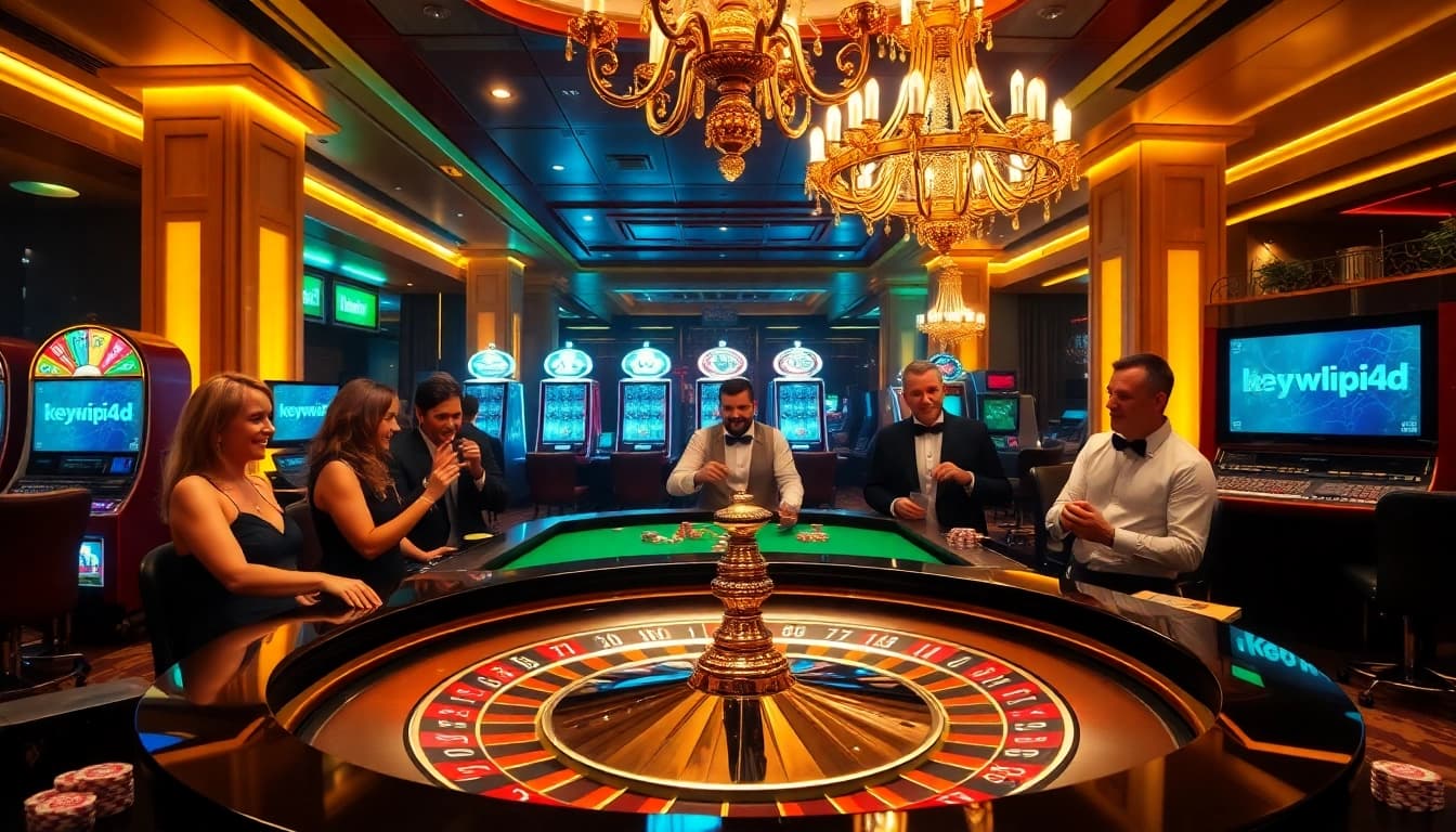 KPI4D players engaging at an elegant casino roulette table, showcasing vibrant gaming excitement.