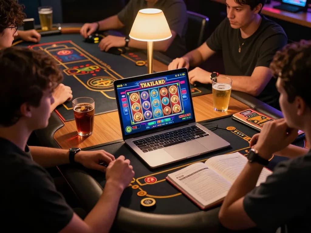 Engaged players exploring slot server Thailand on their laptops with vibrant online casino visuals.