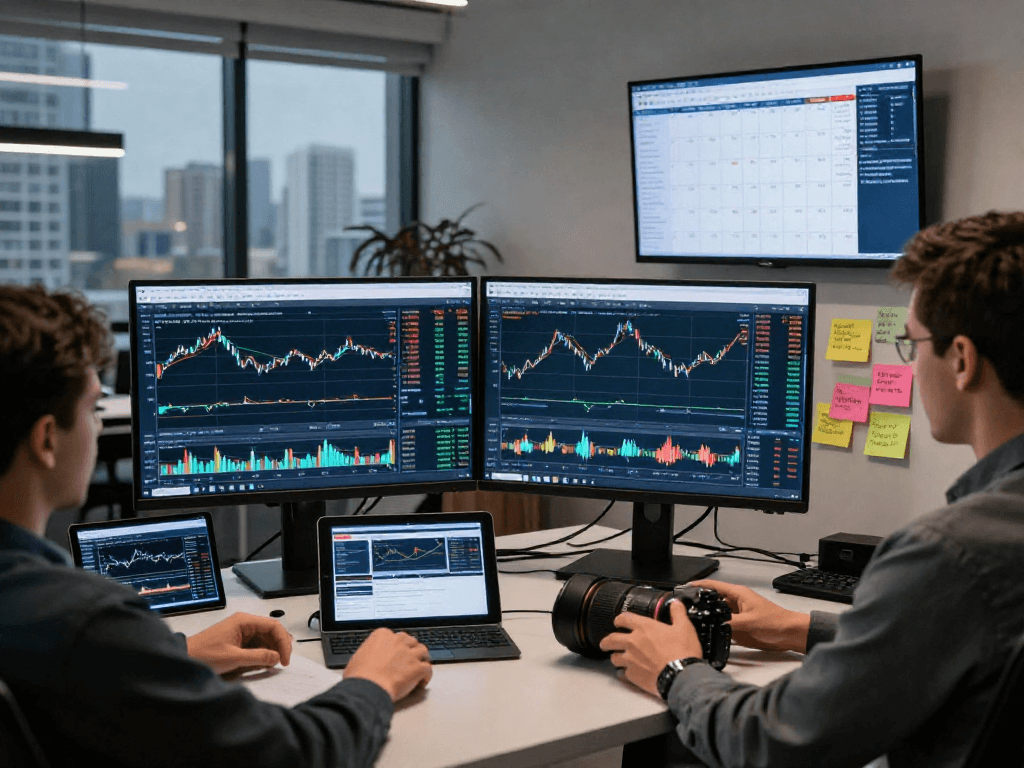 Developer evaluating gold backtesting market data on multiple screens in a modern forex trading environment.