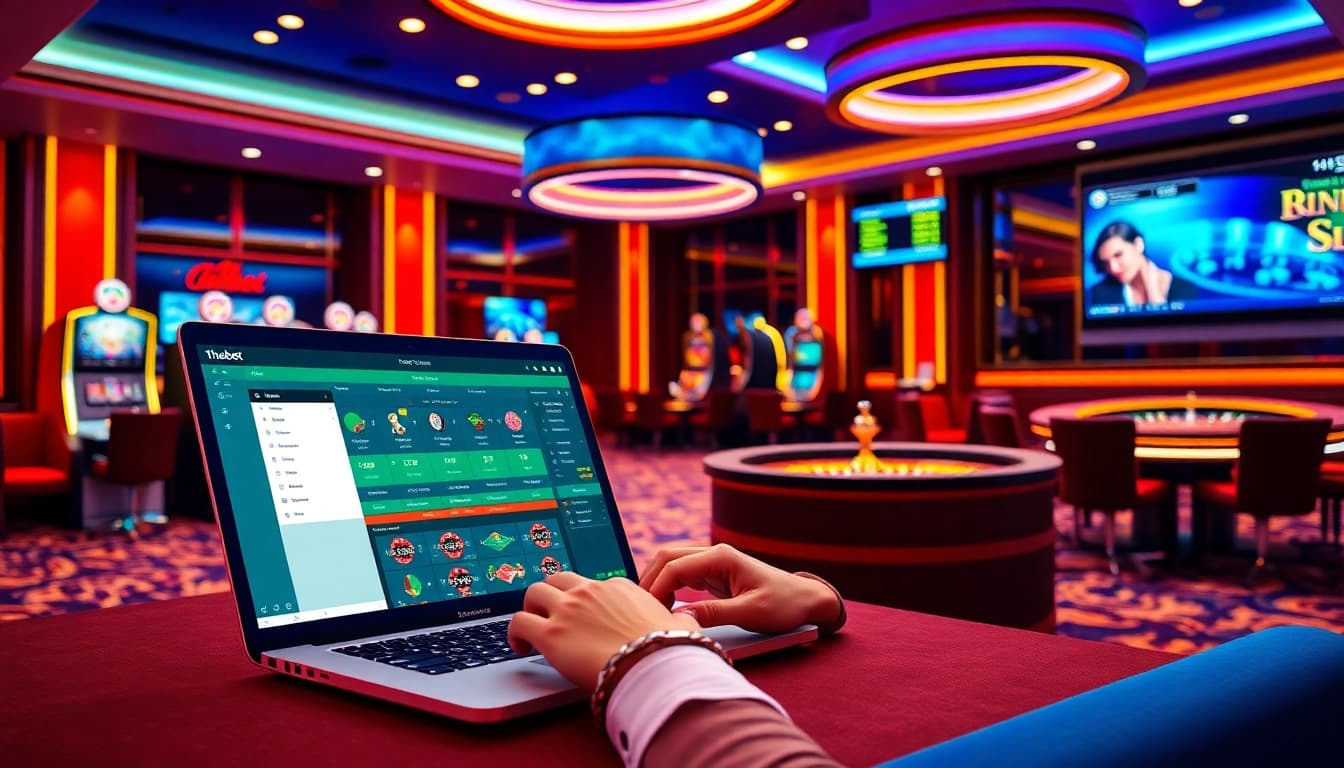 User accessing thabet đăng nhập on a sleek laptop in a high-class casino setting with vibrant decor.