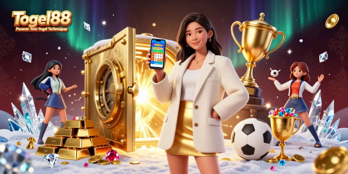 Togel88 Pasaran Toto Togel Terlengkap showcases an Asian woman engaging with her betting app amidst a rich casino backdrop.