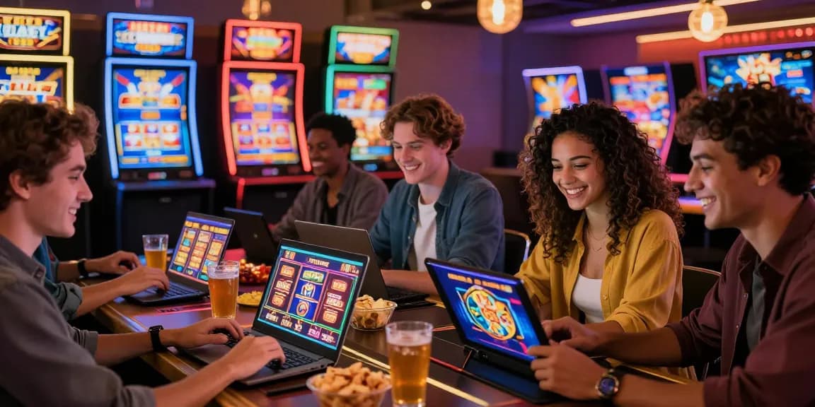 Players enjoying online casinos that accept credit cards, engaging in lively gaming atmosphere with bonus promotions.