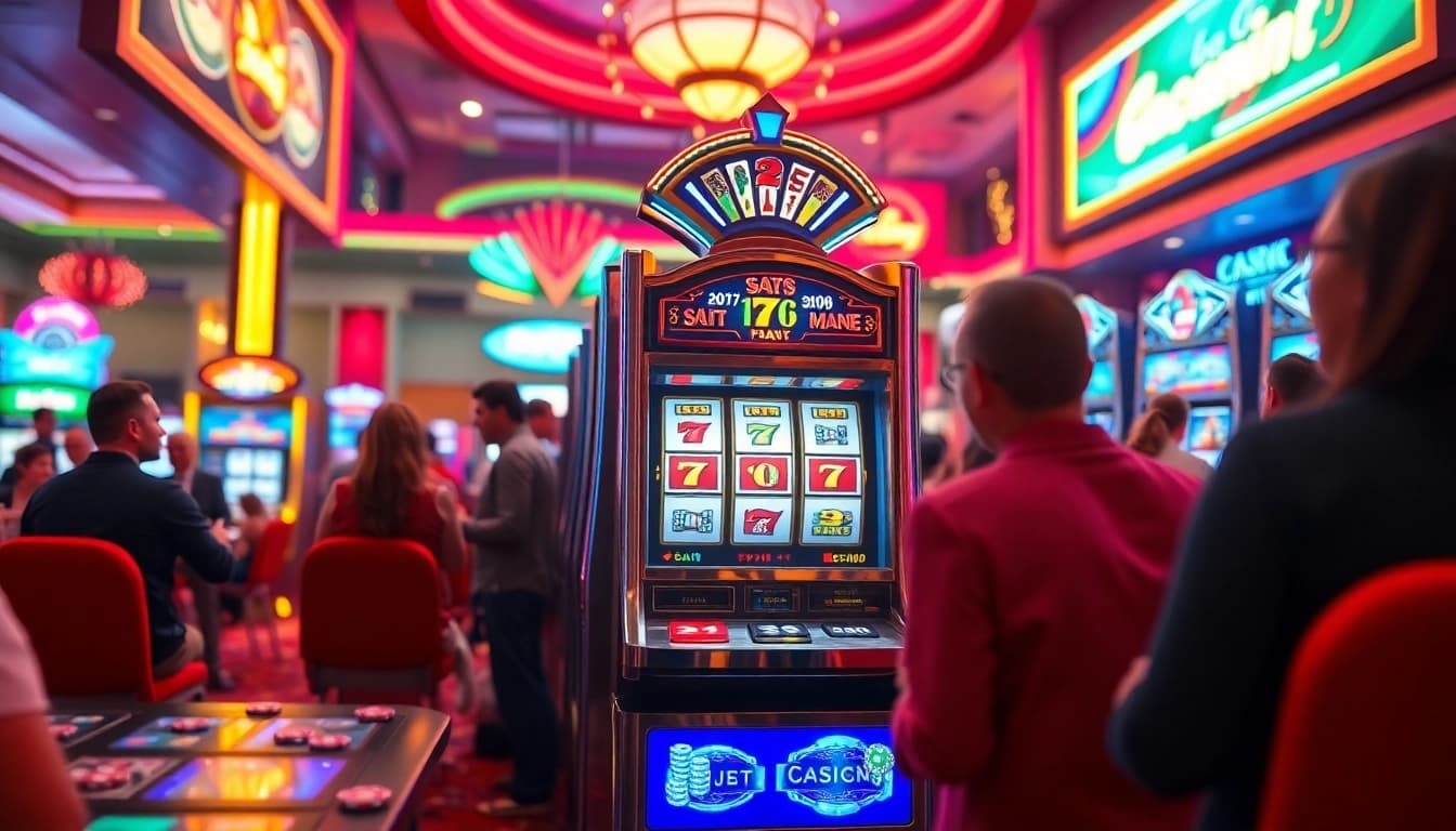 Menggoda pengunjung dengan apk slot terbaru ditampilkan di mesin slot modern di kasino.