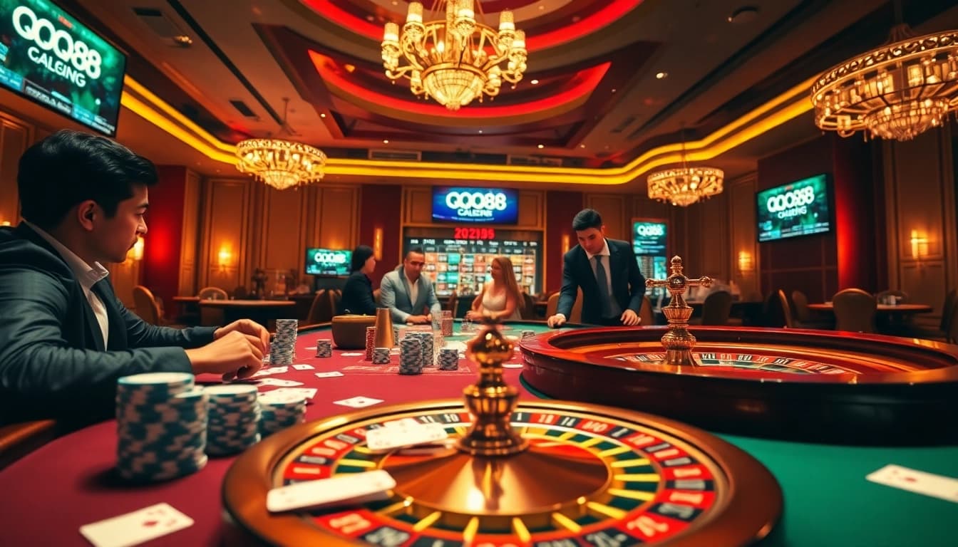 Players enjoying an engaging QQ88 casino experience with vibrant tables and exciting gambling elements.