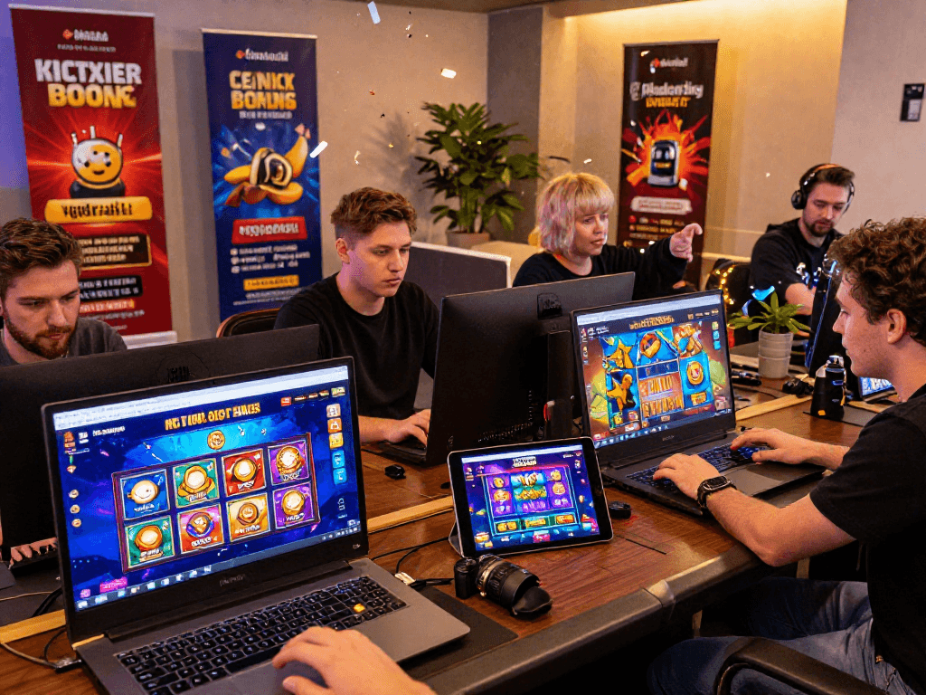 Exciting gaming scene with diverse players at European online casinos for UK, showcasing vibrant game interfaces and celebratory moments.