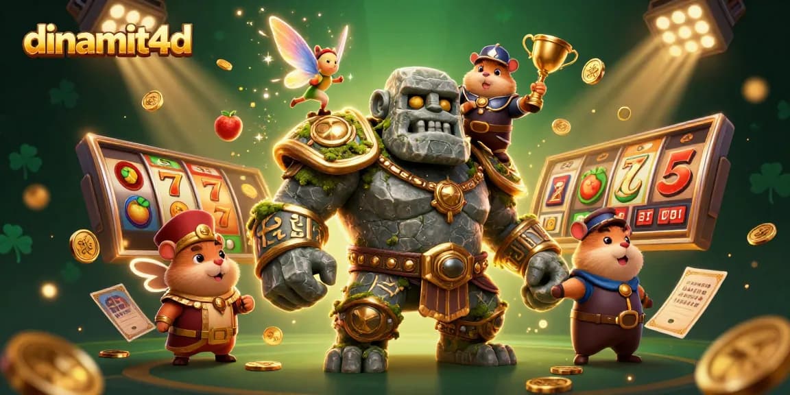 Experience thrilling wins with dinamit4d in this vibrant casino fantasy scene filled with magical characters and slot reels.