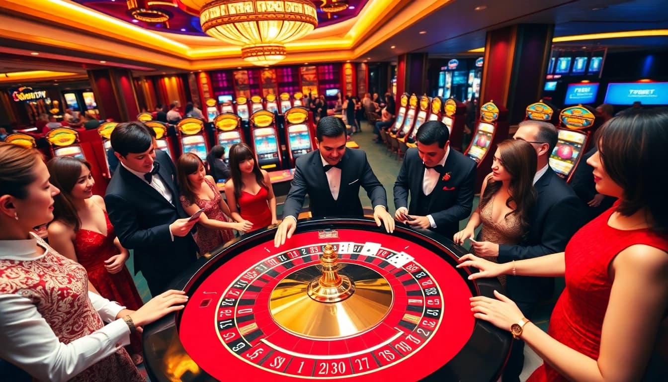 Experience the thrill of 789BET with exciting roulette and poker actions in a luxurious casino setting.