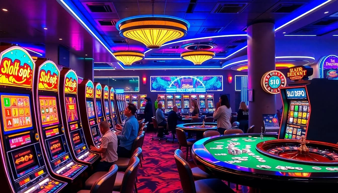 Rasakan sensasi Slot Depo 1K yang menampilkan pemain yang menang di mesin slot kasino yang penuh warna.