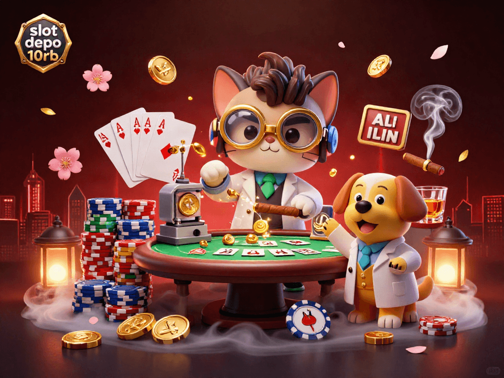 Experience the thrill of slot depo 10rb with a vibrant casino scene featuring a mad scientist cat and poker elements.