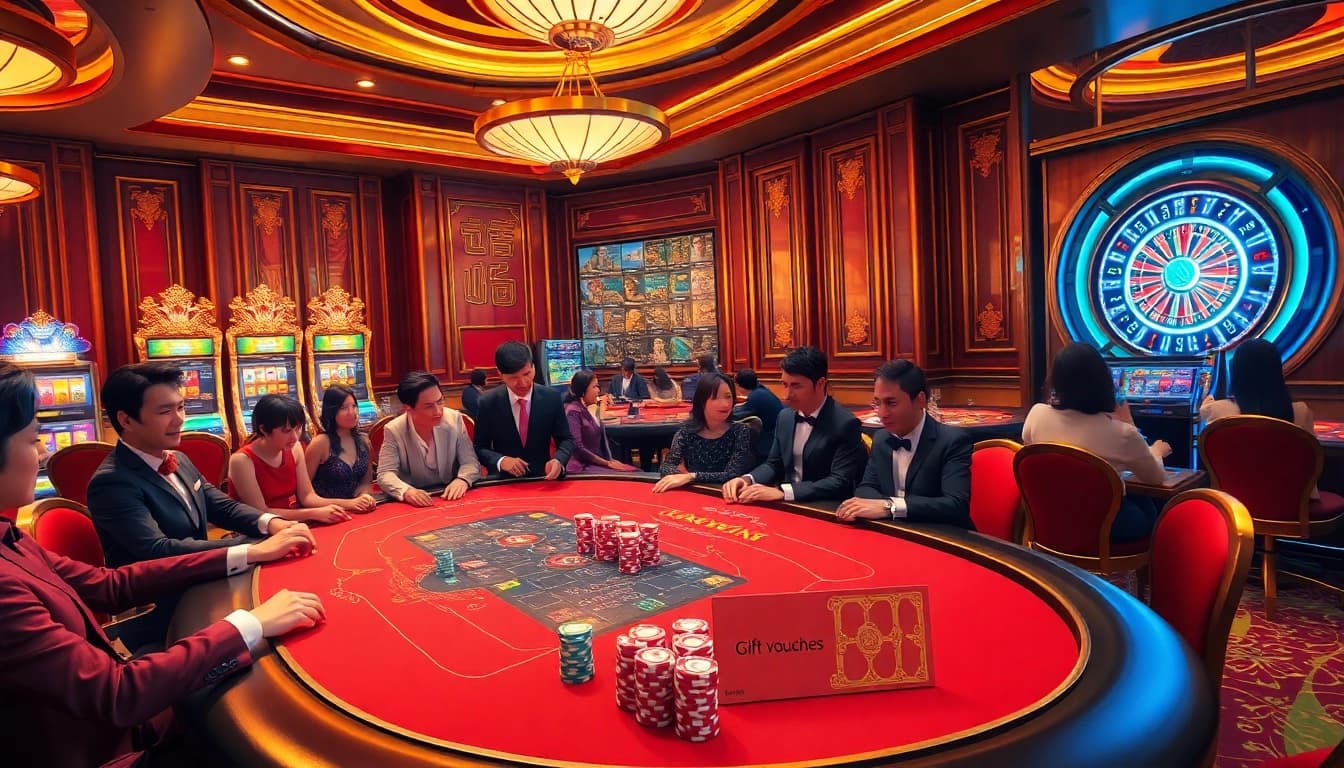 Exciting casino scene featuring 상품권카드 on a poker table with vibrant chips and roulette wheel.