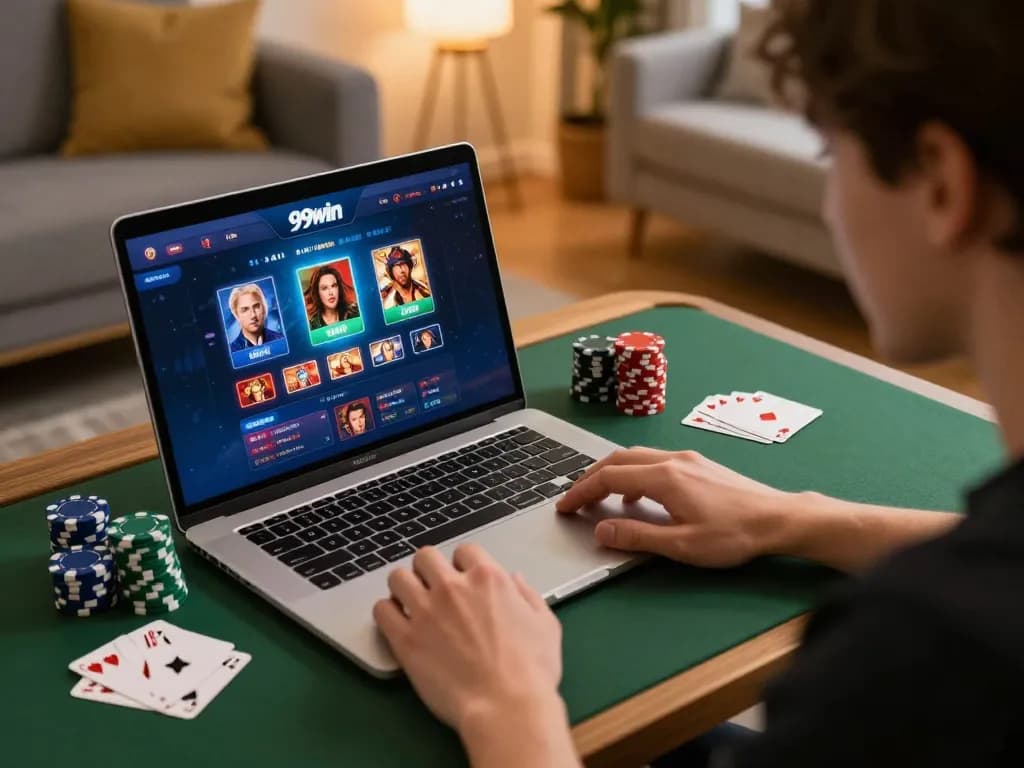 Player engaging in strategic gameplay on 99win online casino interface at home.