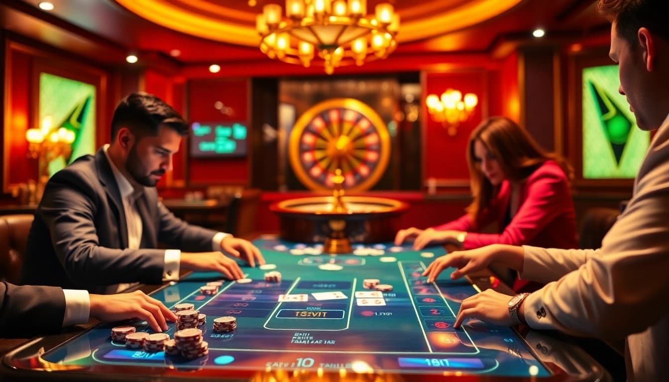 Excitant jeu de poker à enjeux élevés illustrant l'atmosphère du casino en ligne France avec des joueurs professionnels.