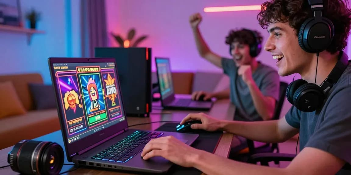 Exciting scene of a player at garuda303 login, fully immersed in online slot games with colorful décor and vibrant lighting, capturing the thrill of digital gaming.