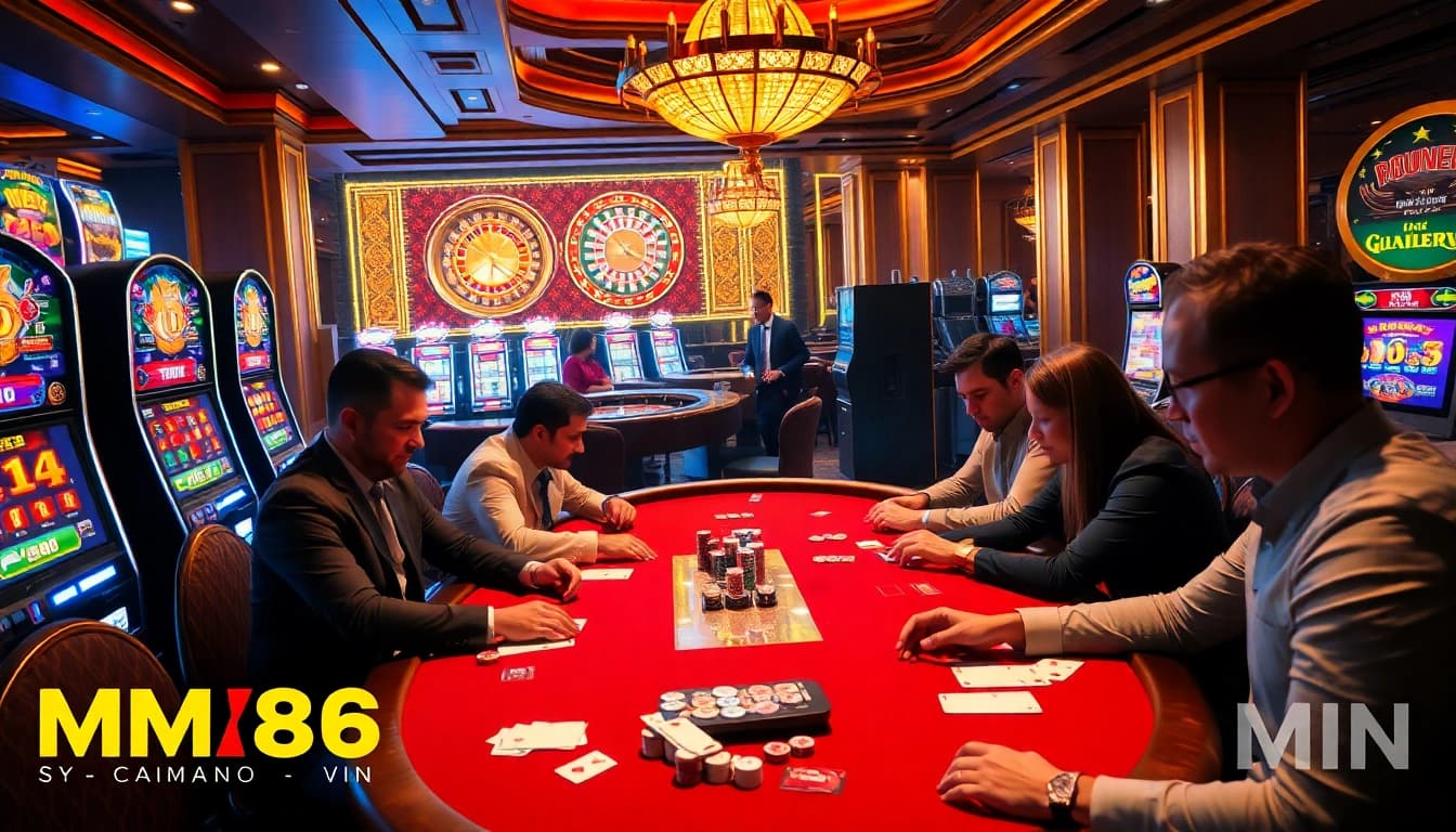 Players engaging in high-stakes poker at an MM88 vin-themed casino, surrounded by vibrant slot machines.