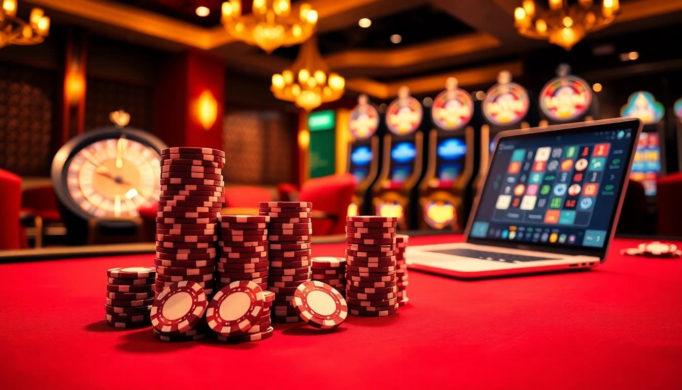 Ressentez l'excitation du casino en ligne France avec des jetons de poker vibrants et des roues de roulette.