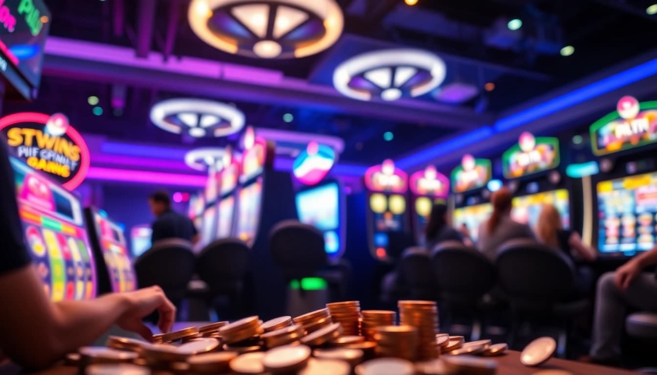 Menampilkan mesin slot pulsa yang menarik di kasino yang cerah dan modern.