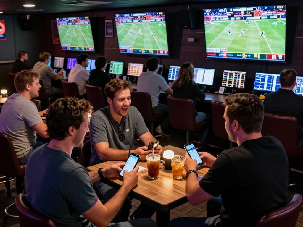 Engaged bettors analyzing odds on their devices at the sports betting lounge at https://nddo.org during live championship events