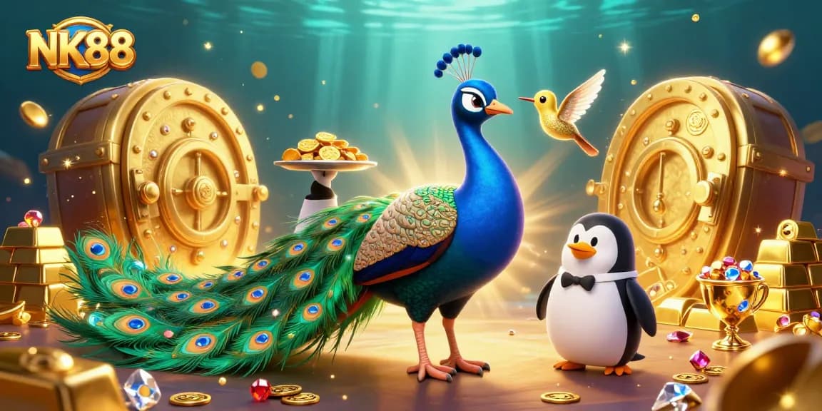 Play and win at NK88 with a vibrant scene featuring a glamorous peacock, penguin butler, and golden treasures.