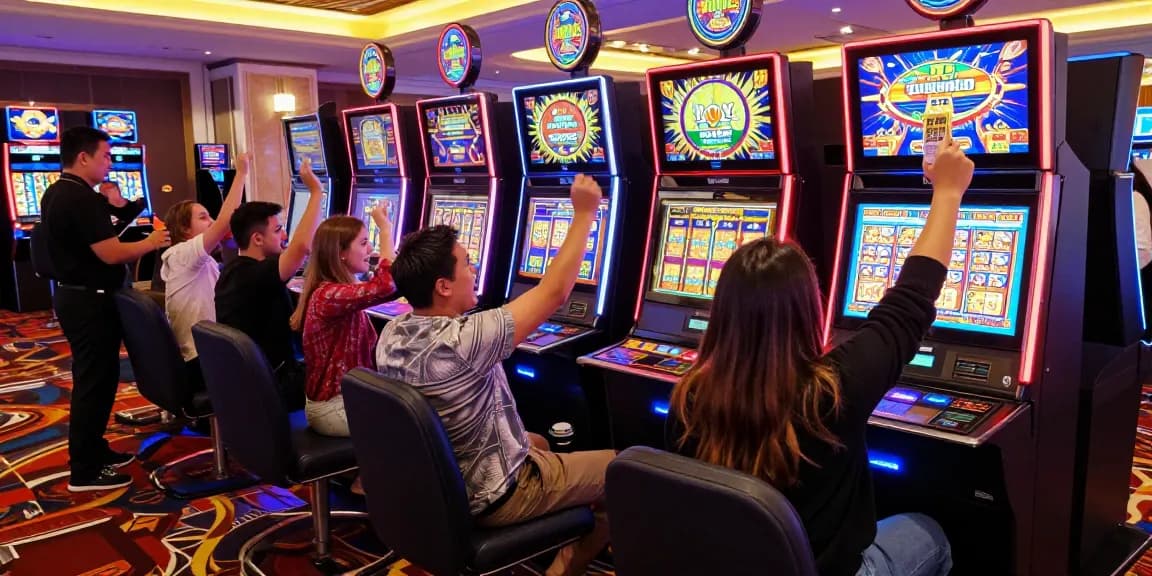exciting gambling atmosphere with players around slot gacor machines celebrating wins