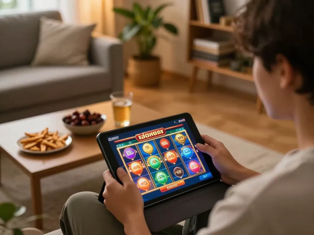 Player enjoying เว็บสล็อต games on tablet in cozy home setting with snacks