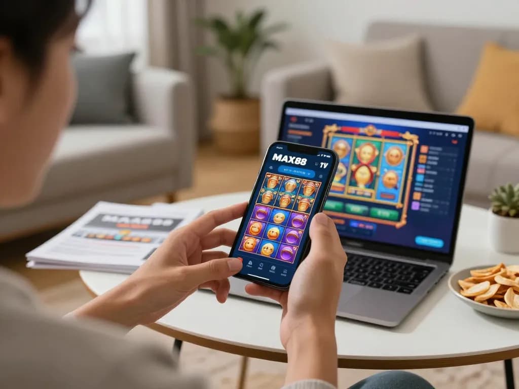 Person using MAX88 TV app for exciting mobile gambling experience in a cozy living room
