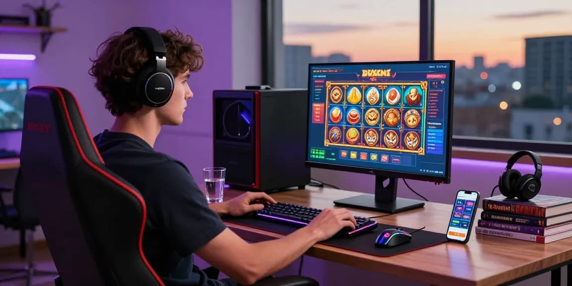 Engaging scene of a player at credit card casinos enjoying a vibrant online gaming experience with colorful graphics and modern accessories.