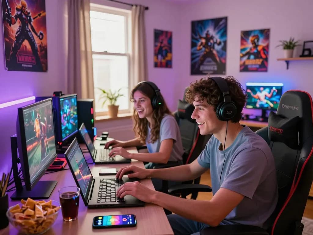 Excited gamers playing degrees of lewdity in a colorful bedroom setting.