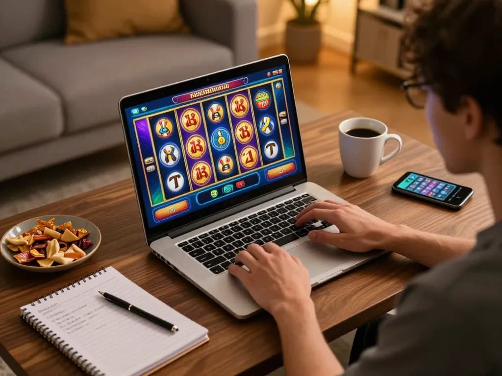 Online gambler enjoying casino senza licenza aams gaming at home, vibrant screen showing slots