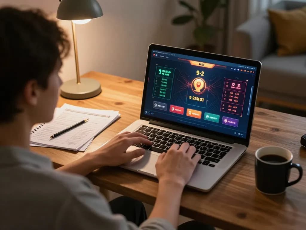 Engaged player reviewing strategies on the 92slot online casino platform from their cozy home setup.