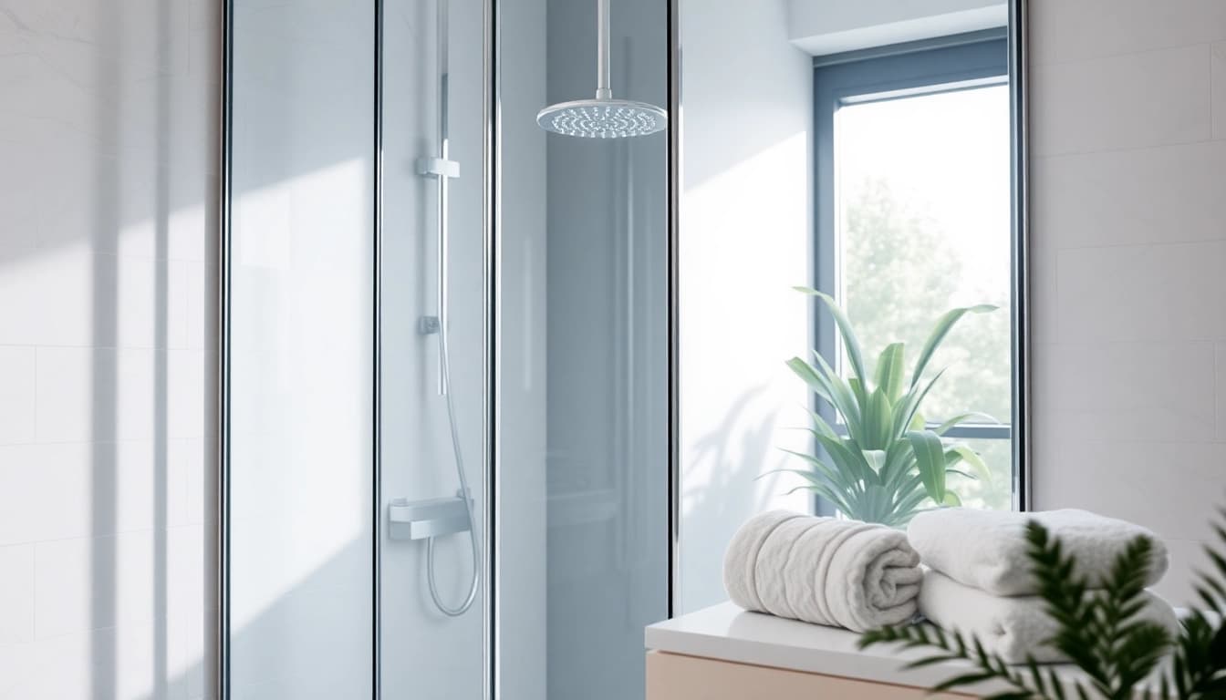 Erleben Sie die eleganten Details der sonni Duschkabine im modernen Badezimmer mit Glasverkleidung.