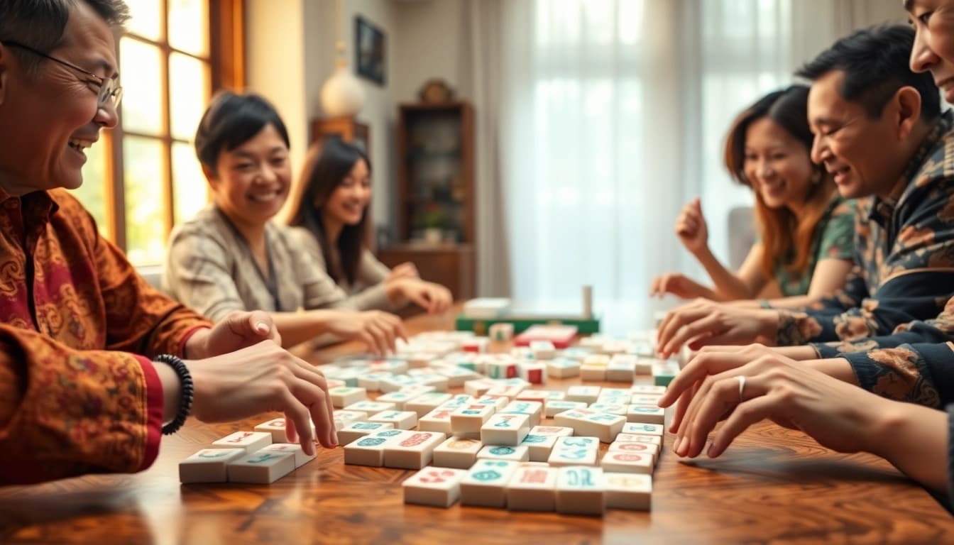 Permainan demo mahjong dengan pemain antusias dan papan permainan penuh warna.