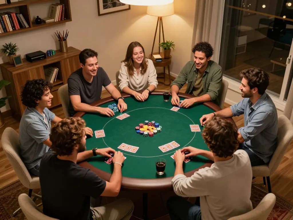 Friends enjoying a poker night using tg88.cash platform, chips and cards visible on table, warm atmosphere.
