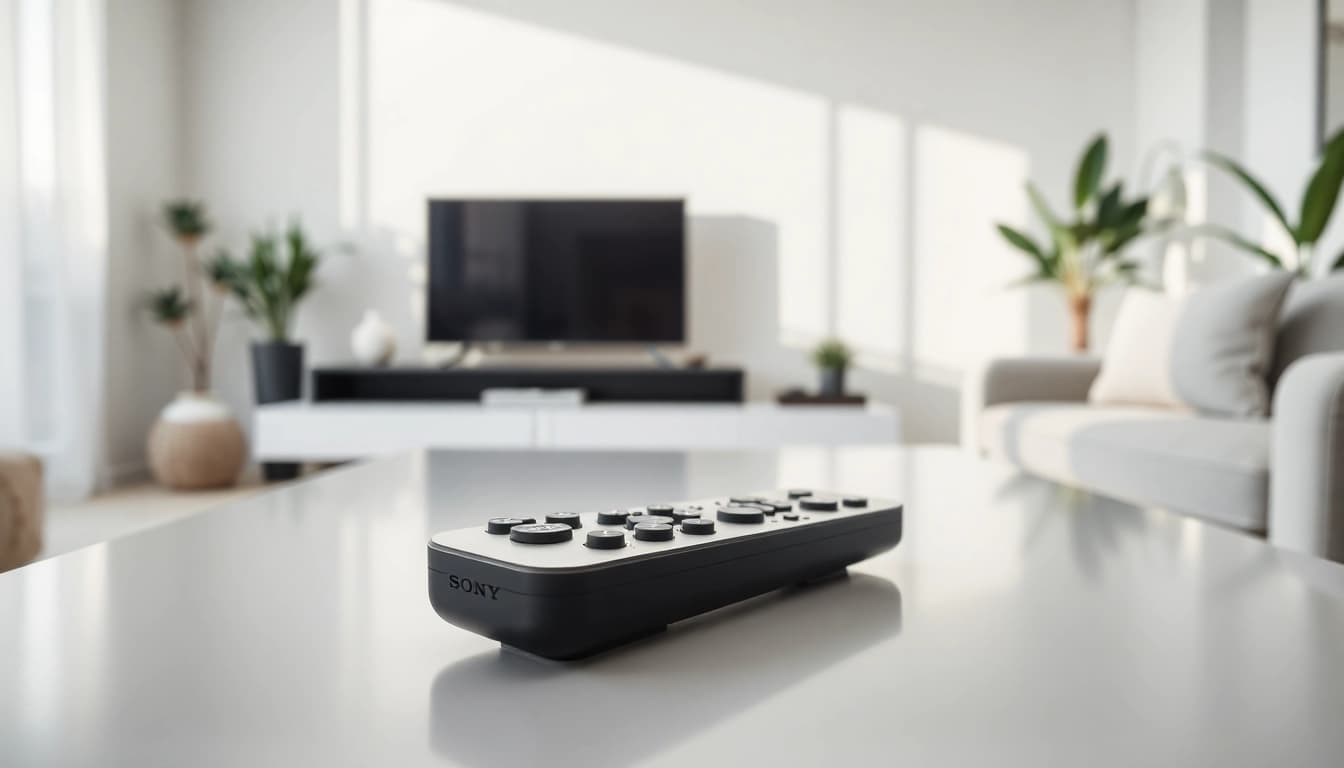 Steuern Sie Ihr Heimkino mit der Sony RMT-TX200E fernbedienung in einem stilvollen Wohnzimmer.