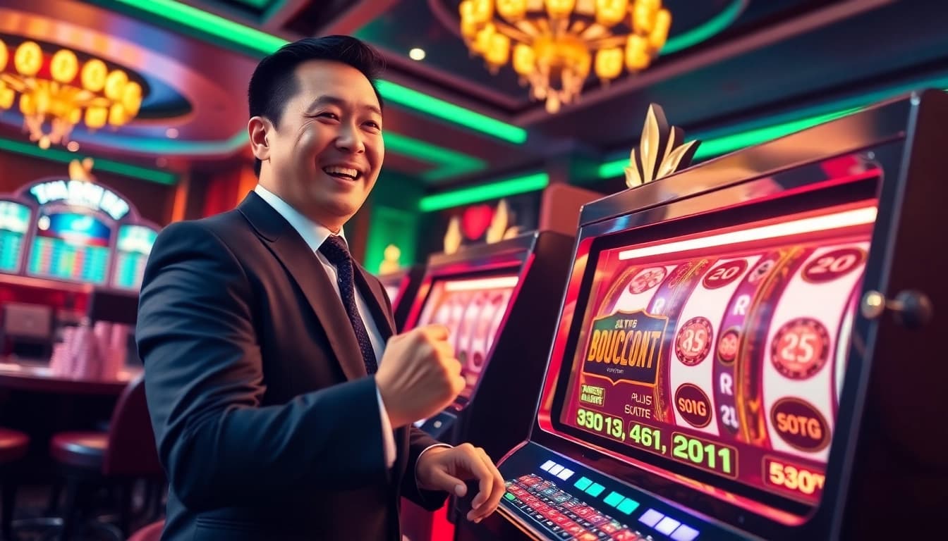 Pemain menang di mesin slot deposit pulsa tanpa potongan, dikelilingi chip poker dan suasana penuh kegembiraan.