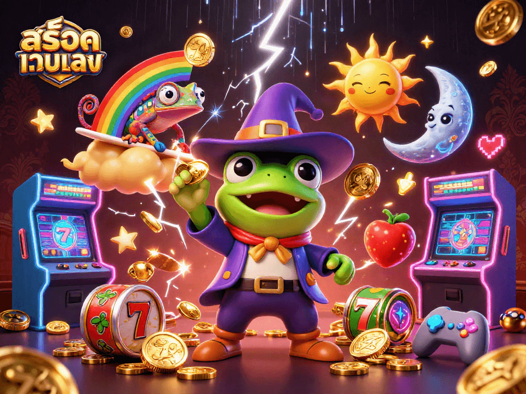 Experience thrilling gameplay at สล็อตเว็บตรง with a lively 3D illustration of characters, slot reels, and vibrant casino elements.