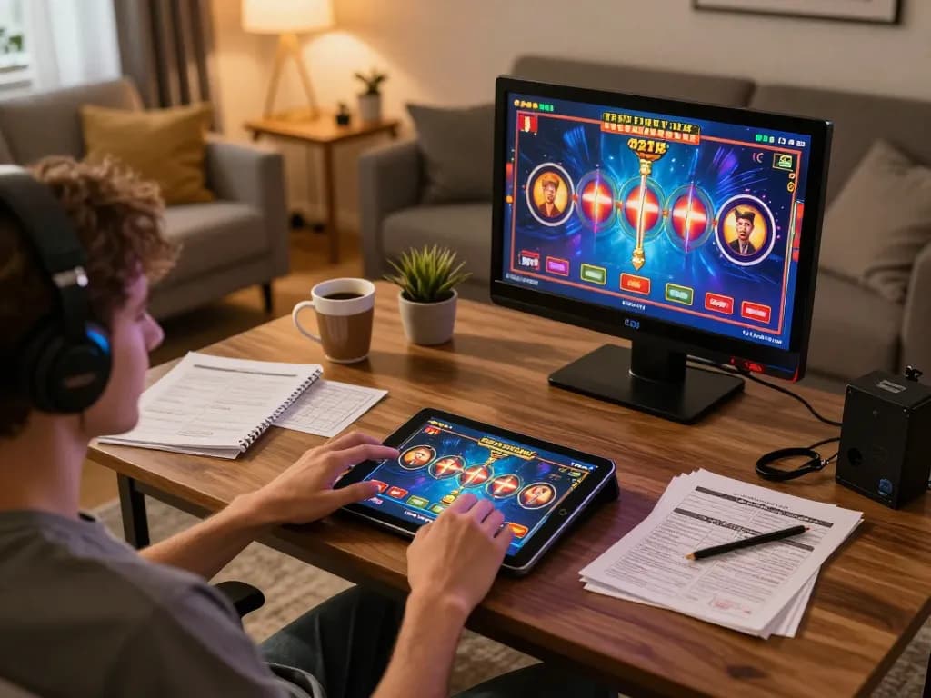 Engaging with oli 4d slot games on a tablet in a cozy home setting with strategy notes and warm lighting.