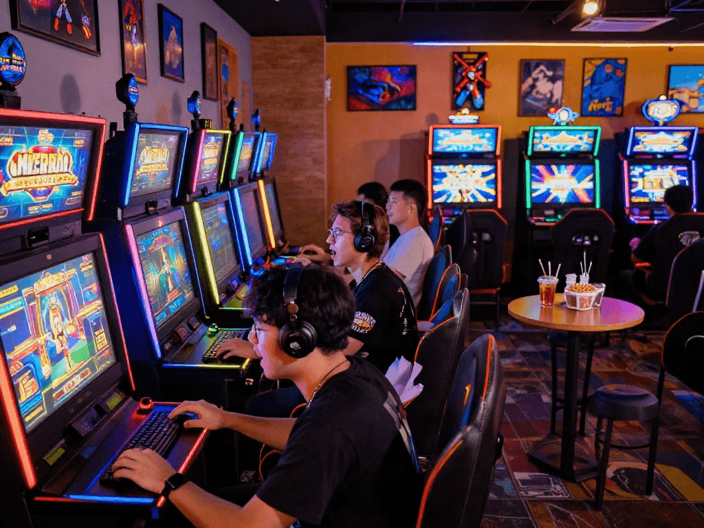 Engaged players enjoying the social experience of slot server kamboja in a vibrant gaming lounge.