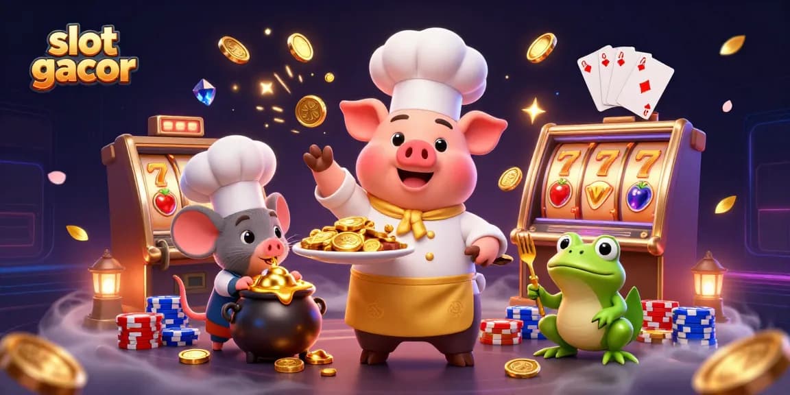 Slot gacor: Ilustrasi 3D kasino dengan karakter menarik dan elemen permainan menarik.