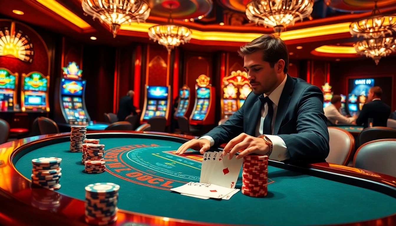 Découvrez le charme du meilleur casino en ligne avec des joueurs à une table de blackjack, mettant en avant le luxe et l'excitation.