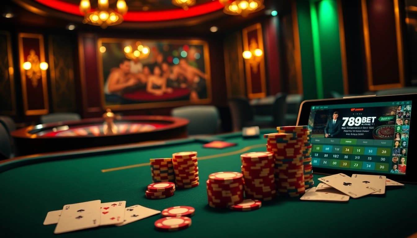 Exciting chips and cards in a luxurious casino setting at 789BET table.